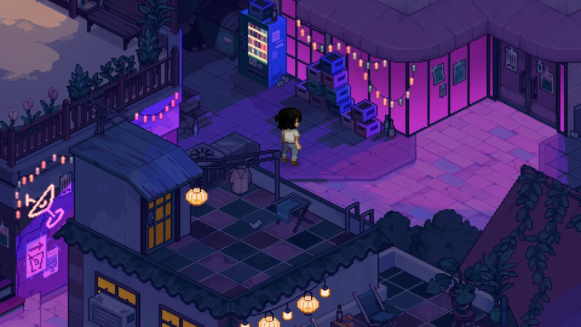 The player outside a purple-lit Ashenridge bar at night.