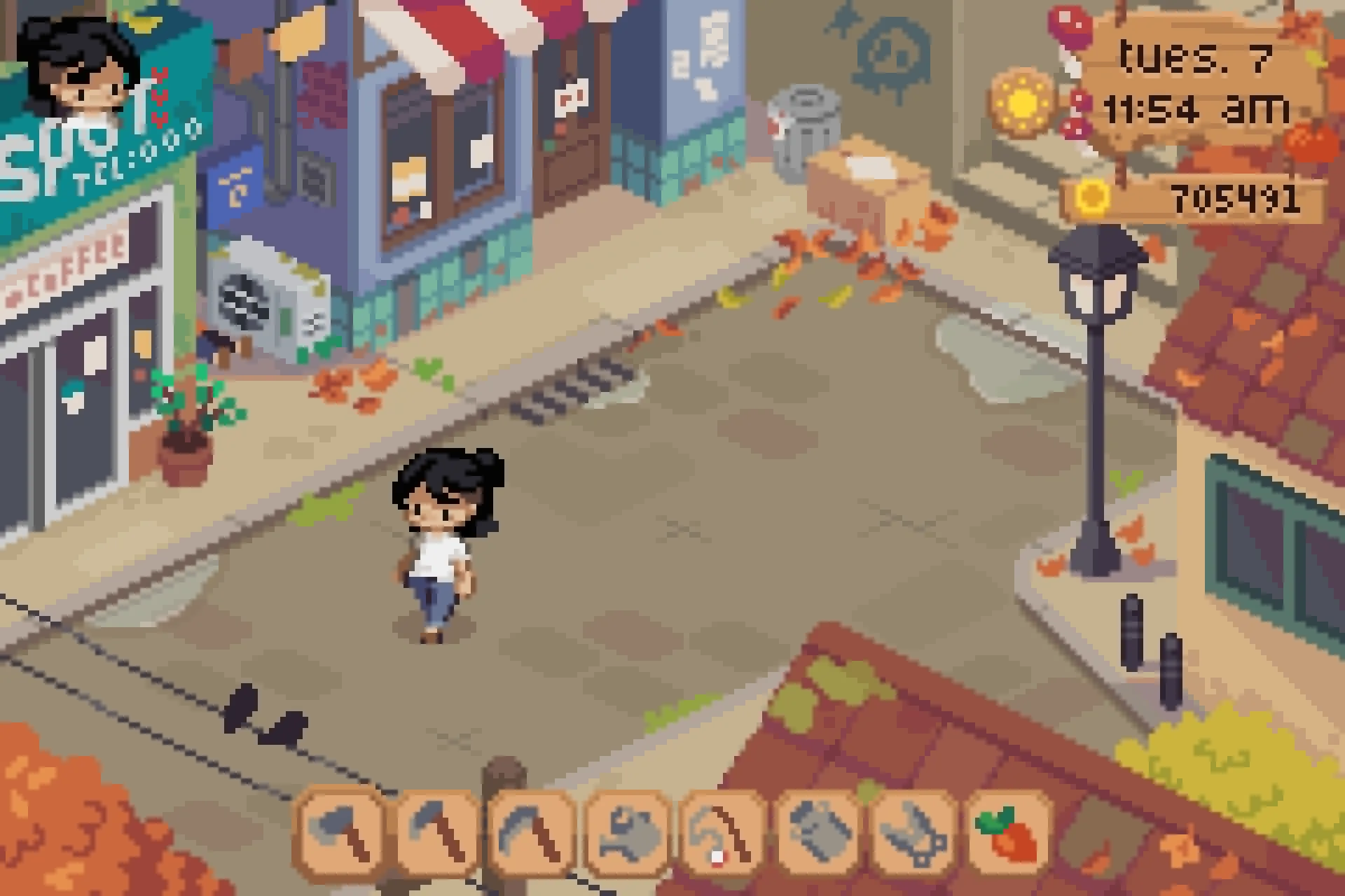 An early pixel-art Ashenridge street with shop fronts and autumn foliage.