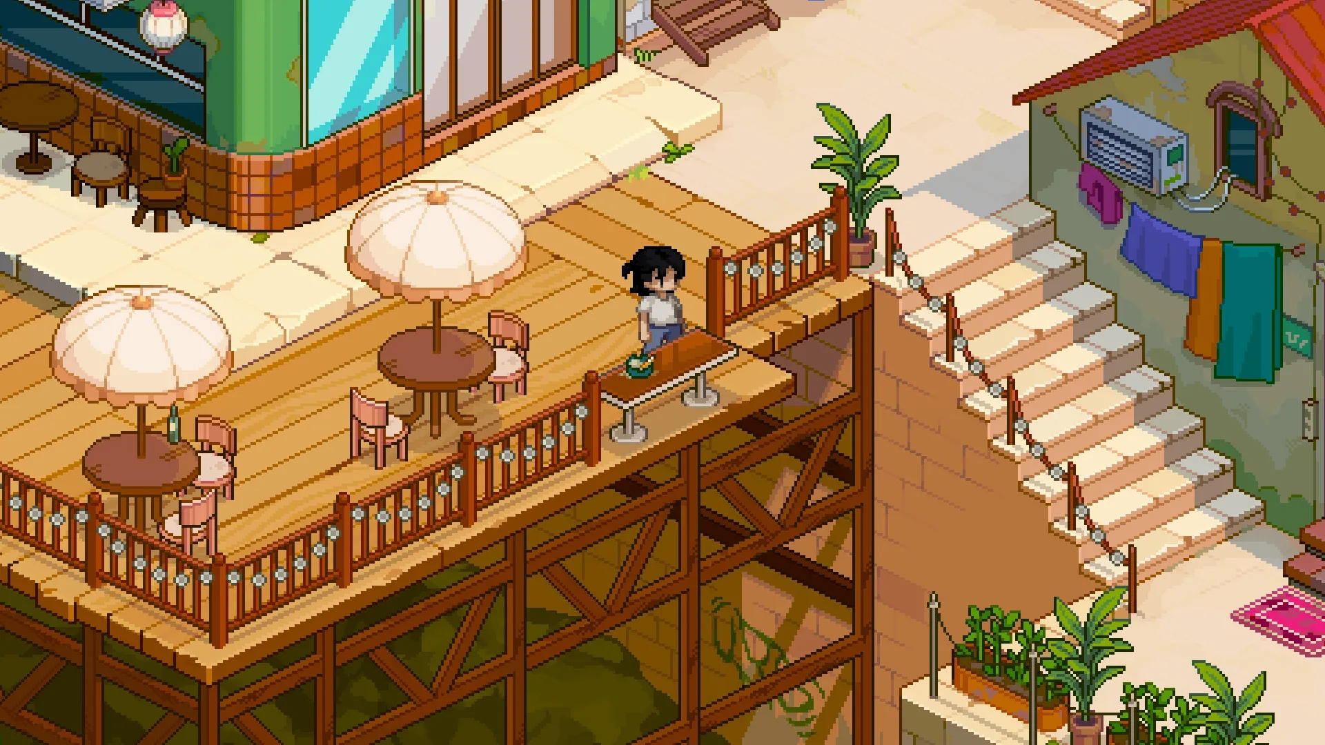 An elevated diner terrace and nearby buildings in the Commercial District.