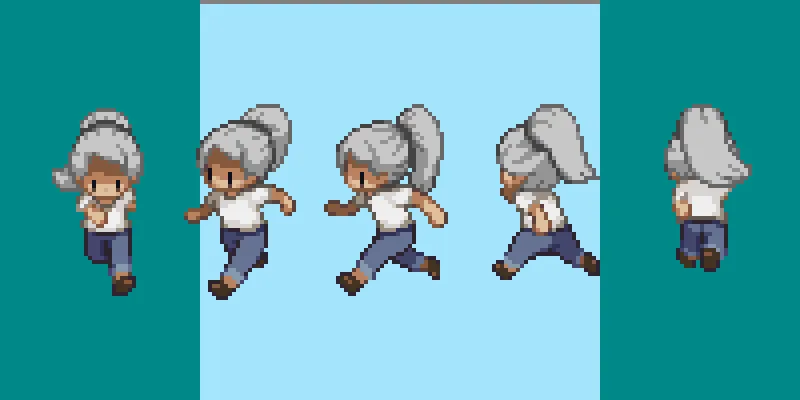 A development sprite sheet shows a customized character from several directions.
