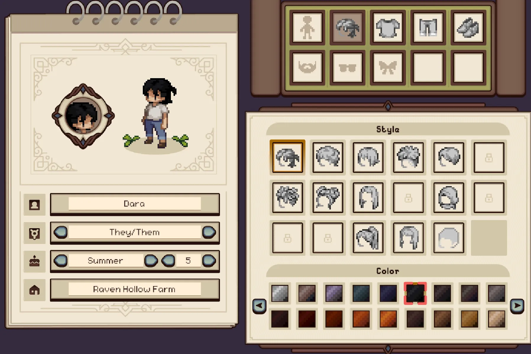 The announced character appearance interface with hairstyle and color choices.