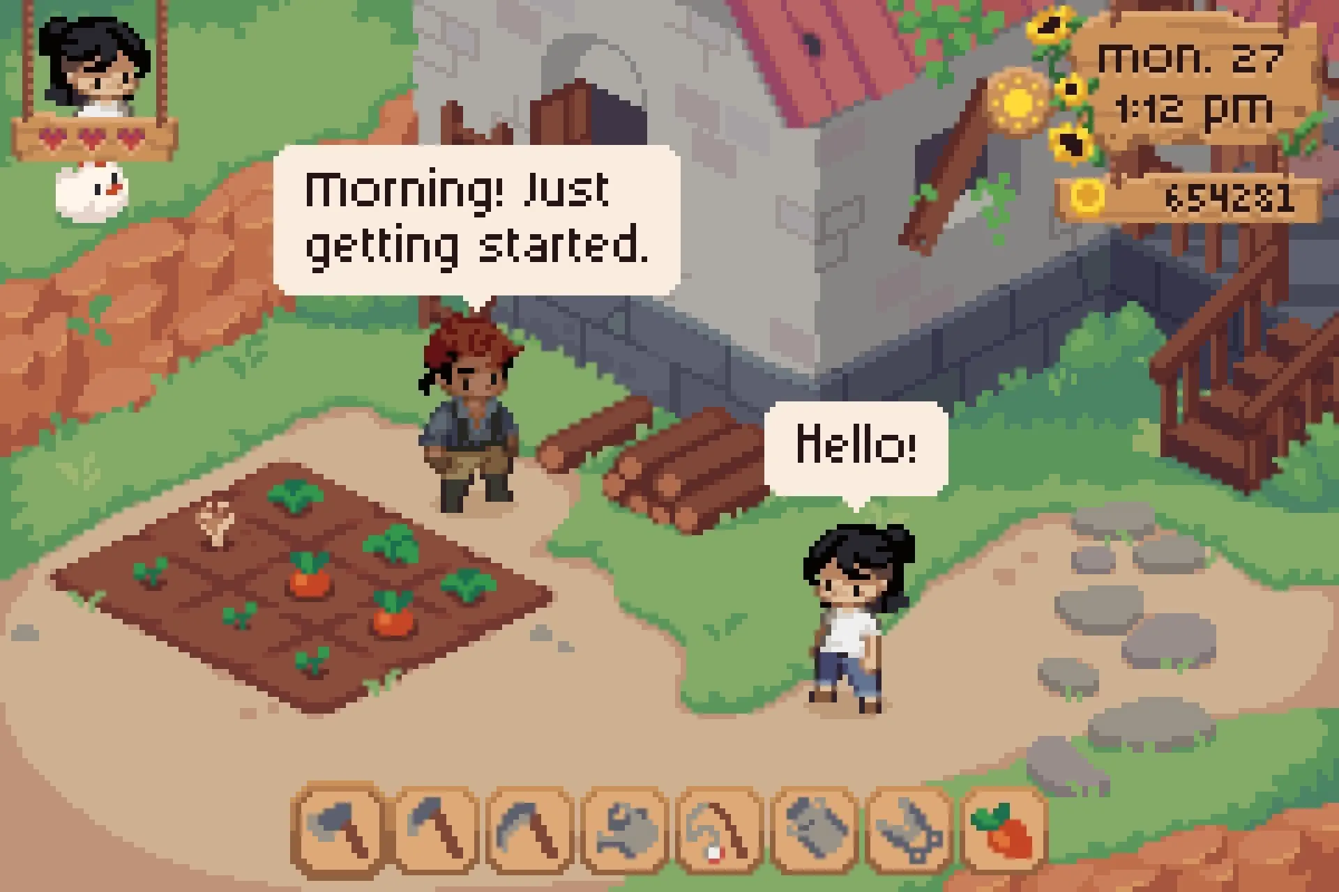 An early character-scale mockup showing two people beside a planted farm.