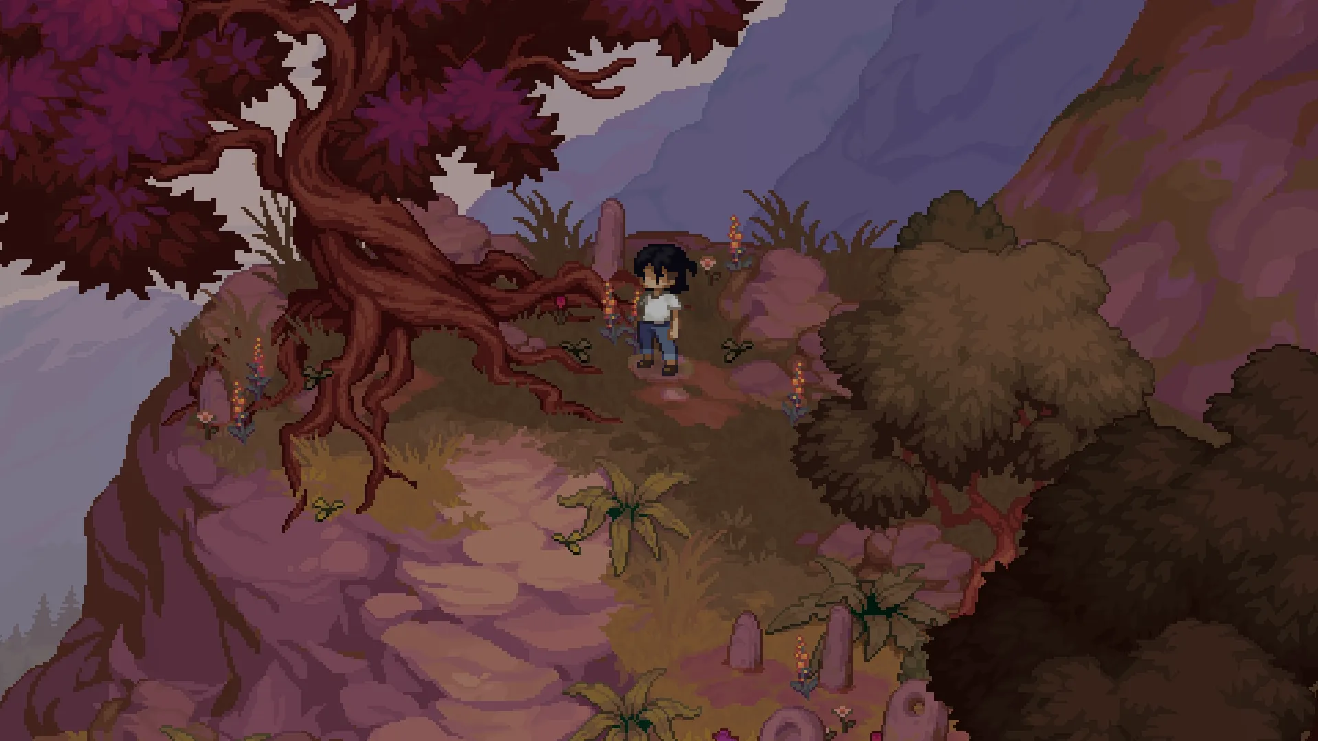 A player character near a face-like tree in a purple autumn forest.
