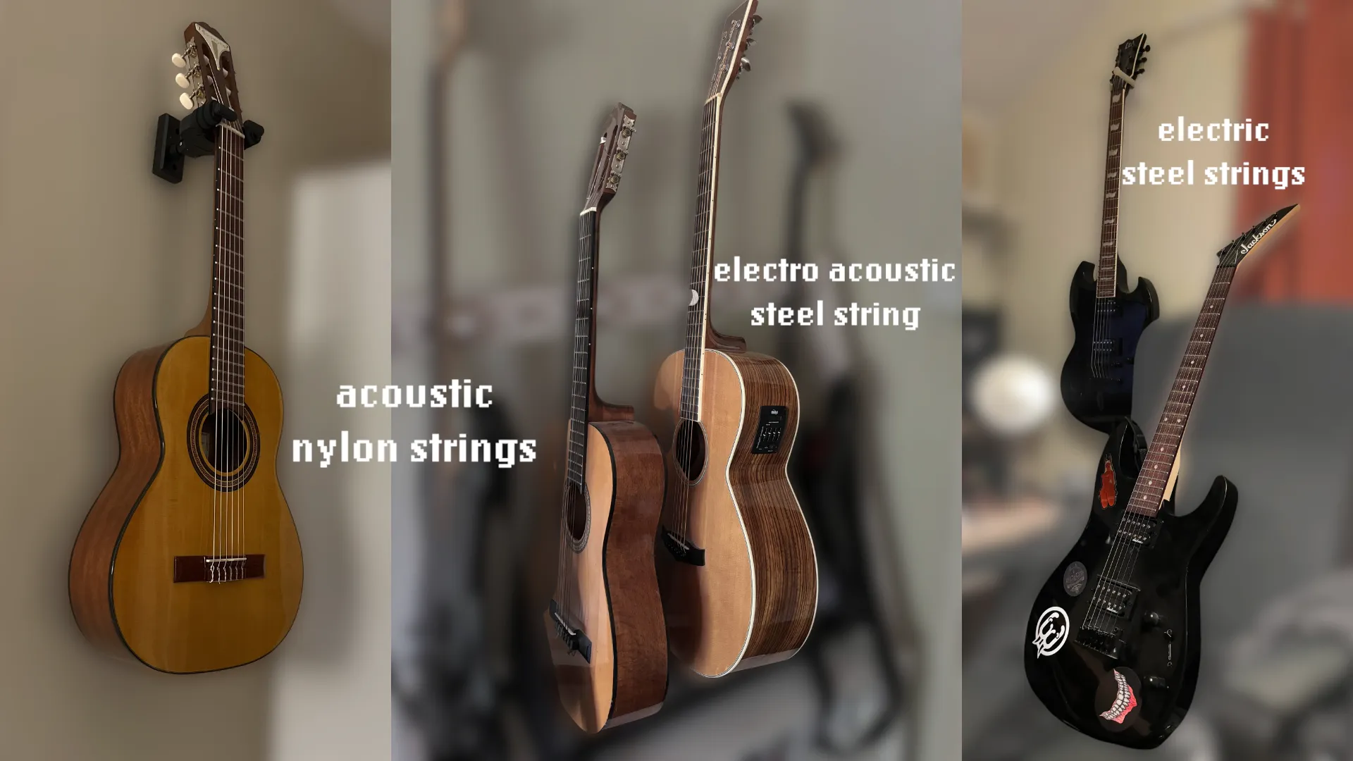 Three guitars with labels comparing nylon, steel and electric strings.