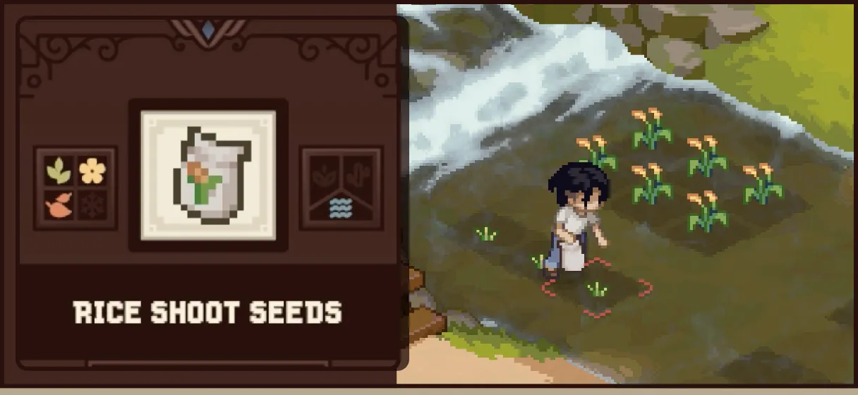 A seed information panel beside plants growing in a wet plot.