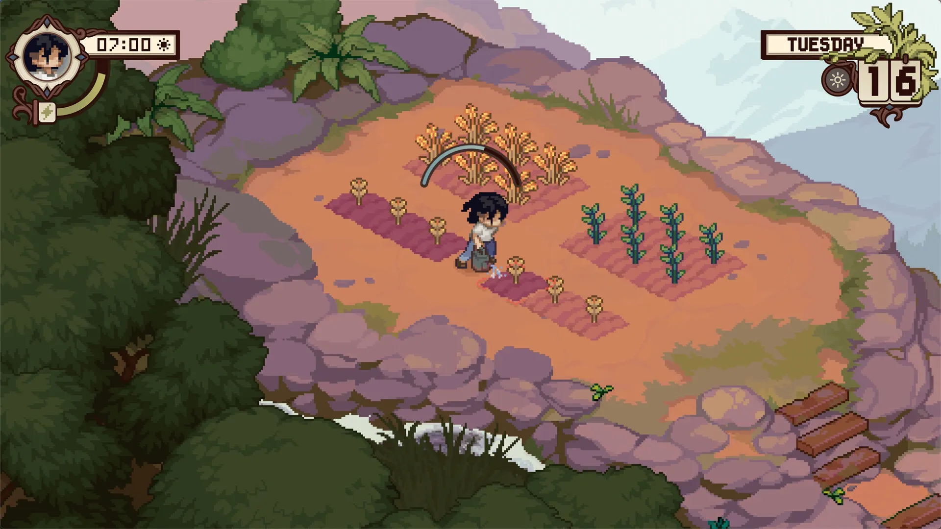 A character tending planted rows on a mountainside farm in Grave Seasons.