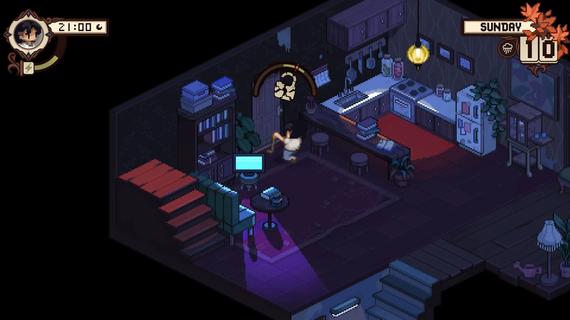 A character using a flashlight inside a dark room in Grave Seasons.