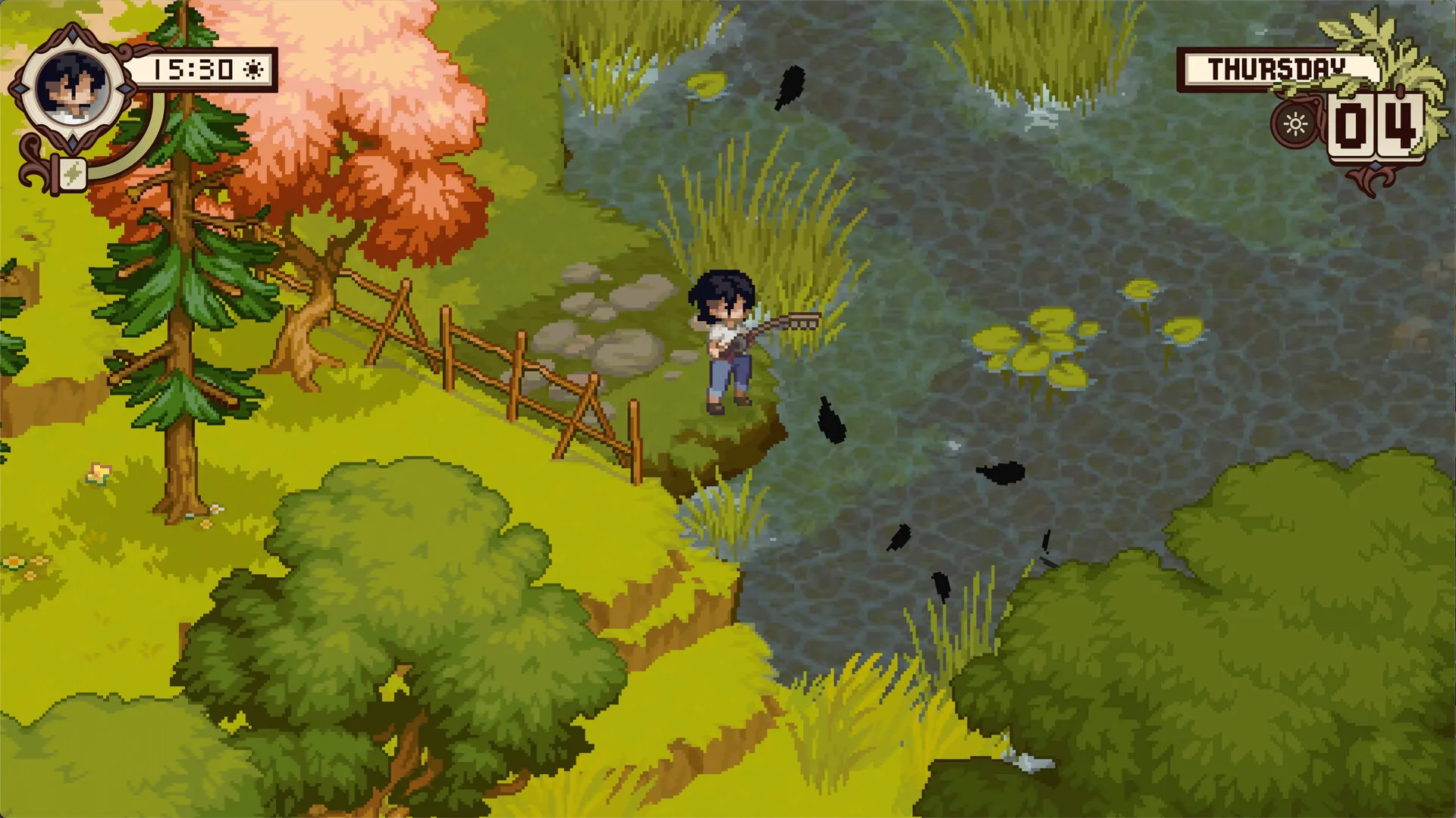 A character beside water and autumn-colored trees in Grave Seasons.