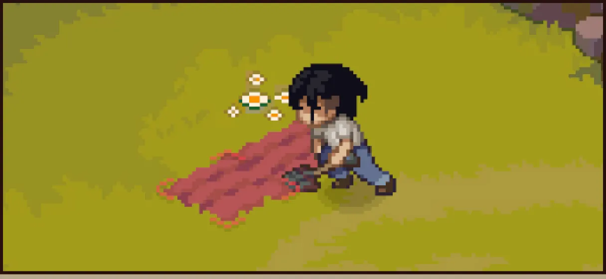 The player using a shovel on a farm plot.