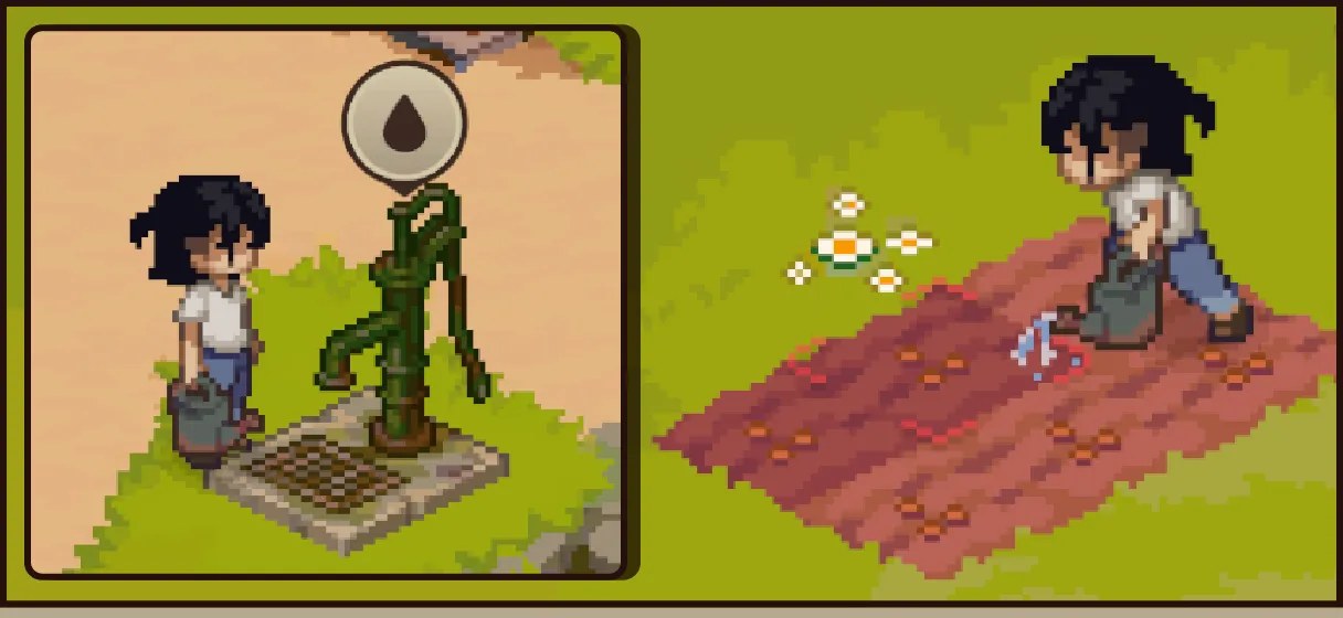 A watering point and a character watering a prepared farm plot.